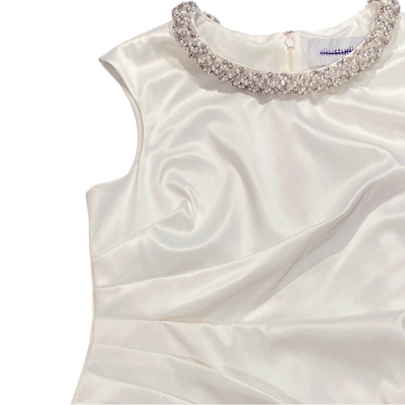 DB Studio Ivory Satin Cap Sleeve Pearl and Crystal Neckline Dress - Sz 12 - Picture 6 of 8